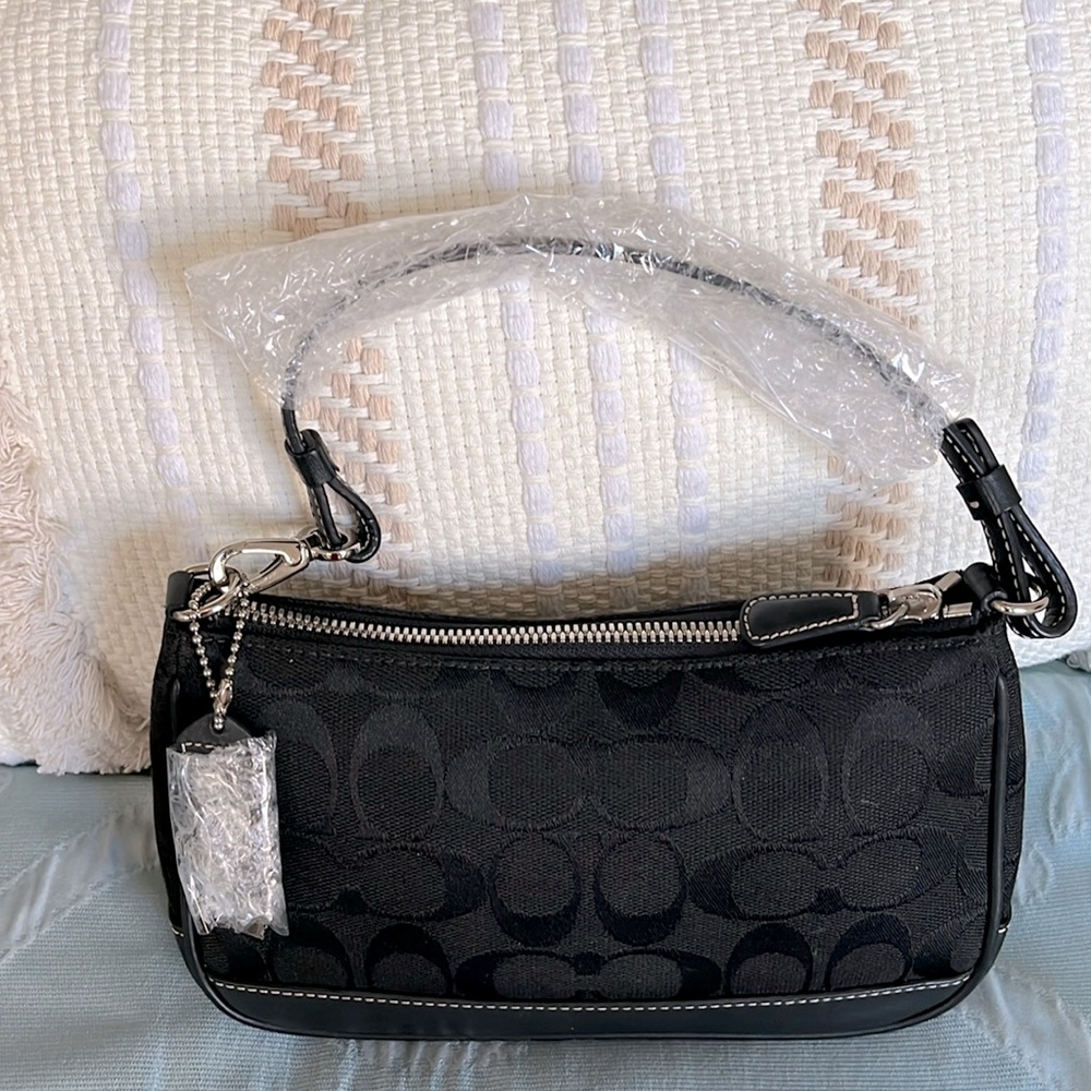 Coach• New is plastic black shoes signature monogram canvas & leather mini bag